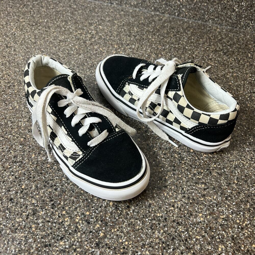 Vans Classic Little Kids Sz 1 Sneaker Shoes Lace Up Low Black Check Suede/Canvas